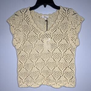 NWT Elan Crochet Open Knit Top Cap Sleeve Butter Yellow Cottage Festival Boho Lg